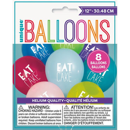"Eat Cake" Assorted Colours Balloons 30cm (Pack of 8) - The Party Marketplace