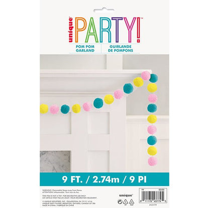 Felt Pom Pom Garland - Pink, Yellow & Teal (2.74m) - The Party Marketplace