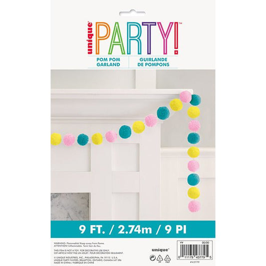 Felt Pom Pom Garland - Pink, Yellow & Teal (2.74m) - The Party Marketplace
