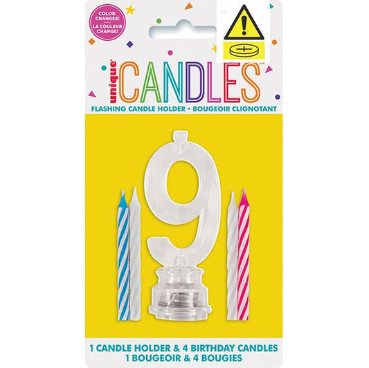 Flashing Birthday Candle Holder - 9 (pack of 5) - The Party Marketplace