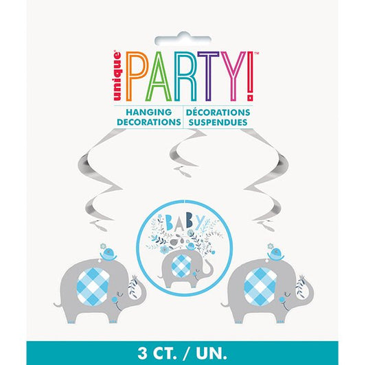 Floral Elephant Baby Shower Blue Hanging Swirl Decorations (Pack of 3) - The Party Marketplace