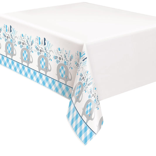 Floral Elephant Baby Shower Blue Printed Tablecover 137cm x 213cm - The Party Marketplace