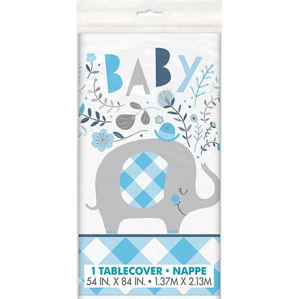 Floral Elephant Baby Shower Blue Printed Tablecover 137cm x 213cm - The Party Marketplace