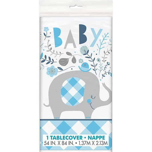 Floral Elephant Baby Shower Blue Printed Tablecover 137cm x 213cm - The Party Marketplace
