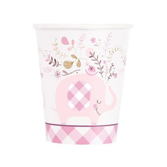 Floral Elephant Baby Shower - Pink Paper Cups 270ml (Pack of 8) - The Party Marketplace