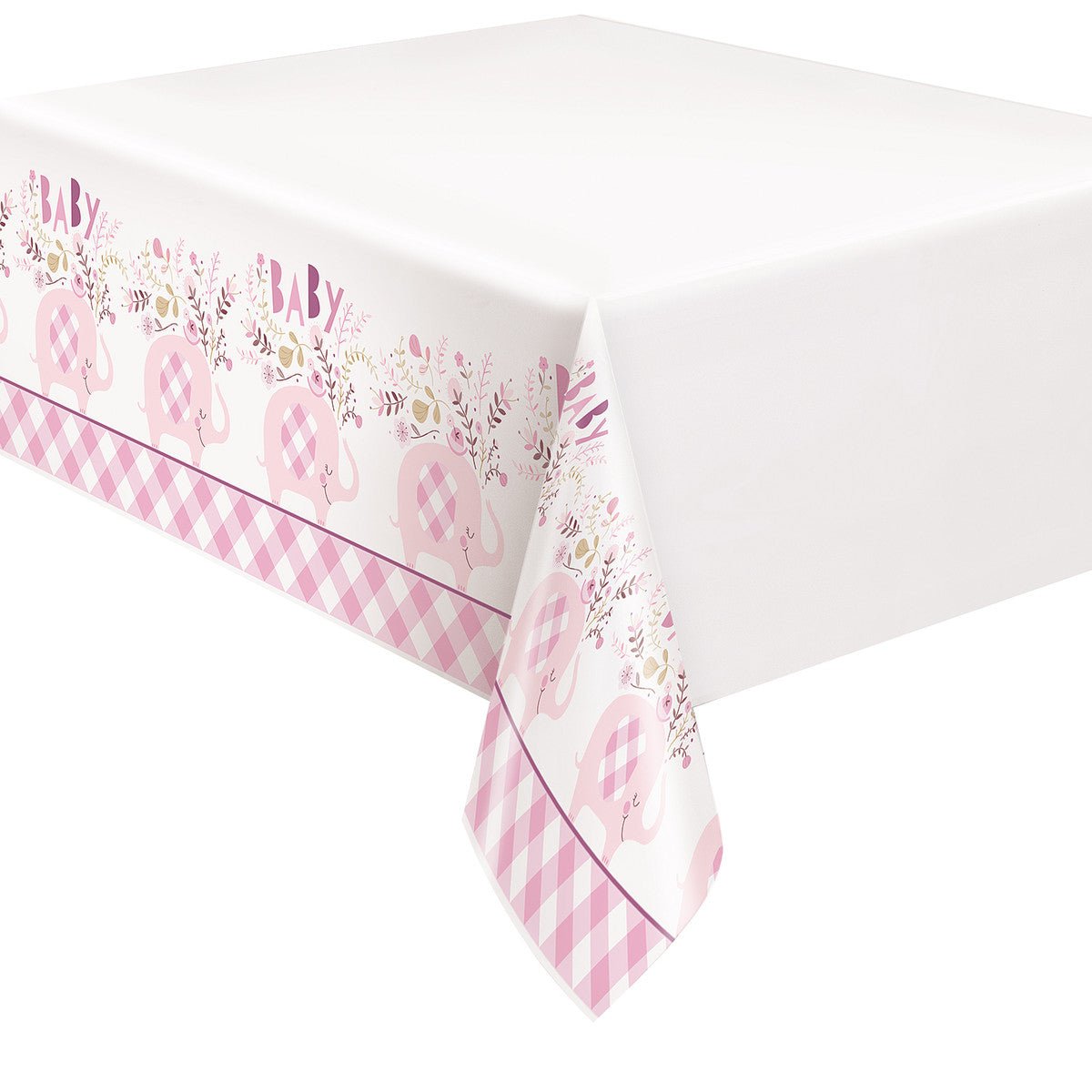 Floral Elephant Baby Shower Pink Printed Tablecover 137cm x 213cm - The Party Marketplace