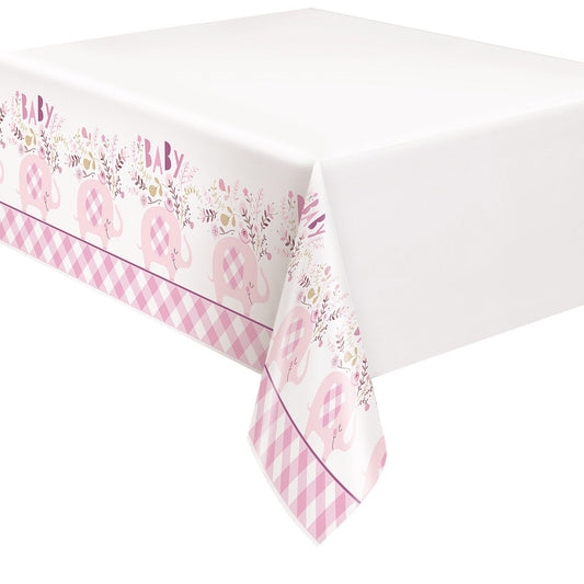 Floral Elephant Baby Shower Pink Printed Tablecover 137cm x 213cm - The Party Marketplace