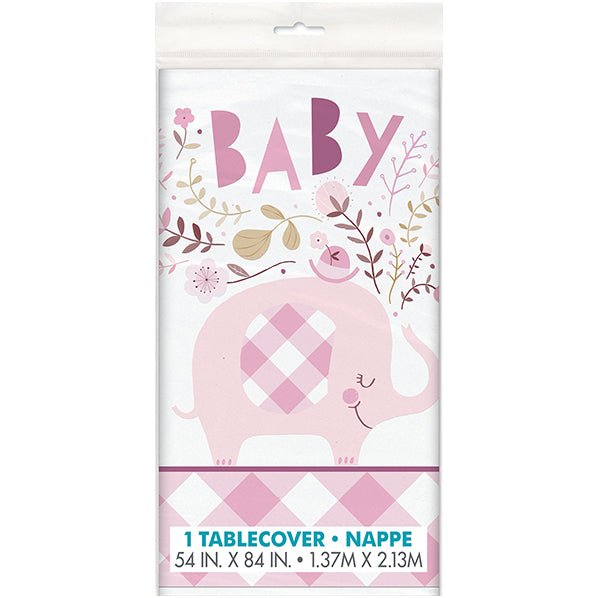 Floral Elephant Baby Shower Pink Printed Tablecover 137cm x 213cm - The Party Marketplace