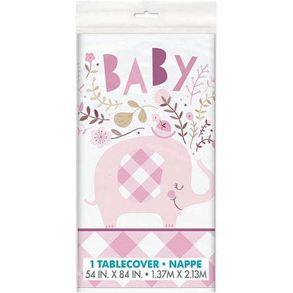 Floral Elephant Baby Shower Pink Printed Tablecover 137cm x 213cm - The Party Marketplace