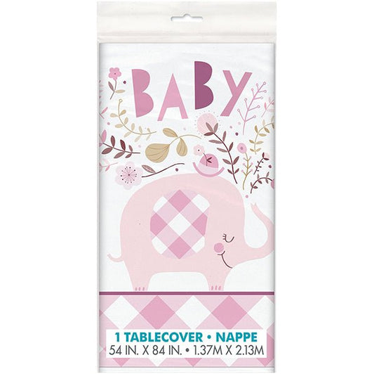 Floral Elephant Baby Shower Pink Printed Tablecover 137cm x 213cm - The Party Marketplace