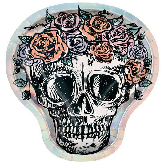 Floral Skulls Foil Stamped Skull Shaped Paper Plates 21cm (Pack of 8) - The Party Marketplace