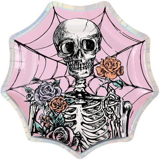 Floral Skulls Foil Stamped Spiderweb Shaped Paper Plates 21cm (Pack of 8) - The Party Marketplace