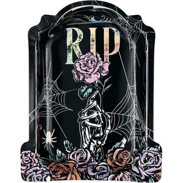 Floral Skulls Foil Stamped Tombstone Shaped Paper Plates 23cm (Pack of 8) - The Party Marketplace