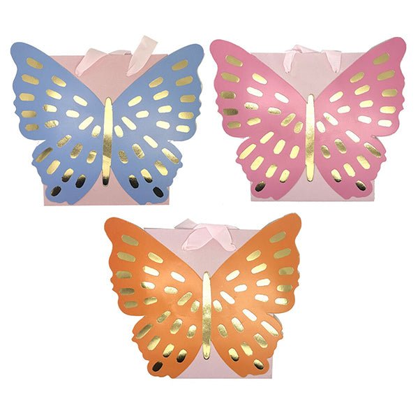 Foil Stamped Butterfly Favor Bags With Ribbon Handles - Assorted Colours (Pack of 3) - The Party Marketplace