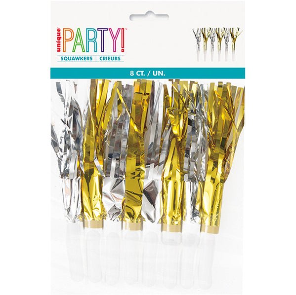 Fringed Squawkers - Gold & Silver (Pack of 8) - The Party Marketplace