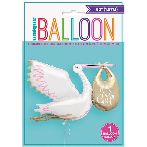Giant Stork "It's A Girl" Shaped Foil Balloon 1.57m - The Party Marketplace