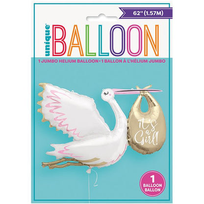 Giant Stork "It's A Girl" Shaped Foil Balloon 1.57m - The Party Marketplace