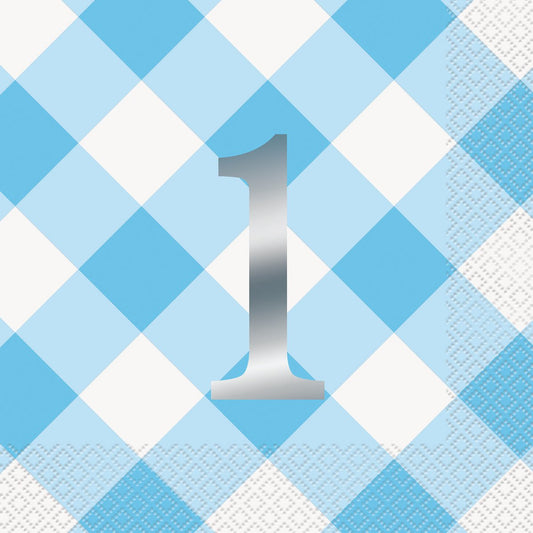 Gingham 1st Birthday Blue Foil Stamped Luncheon Napkins (Pack of 16) - The Party Marketplace