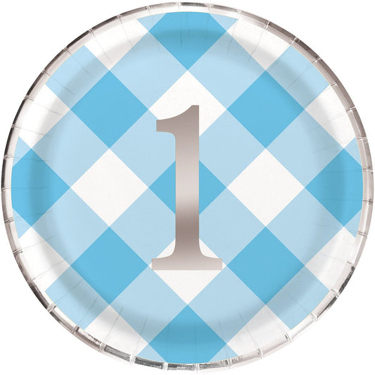 Gingham 1st Birthday Blue Foil Stamped Paper Plates 23cm (Pack of 8) - The Party Marketplace