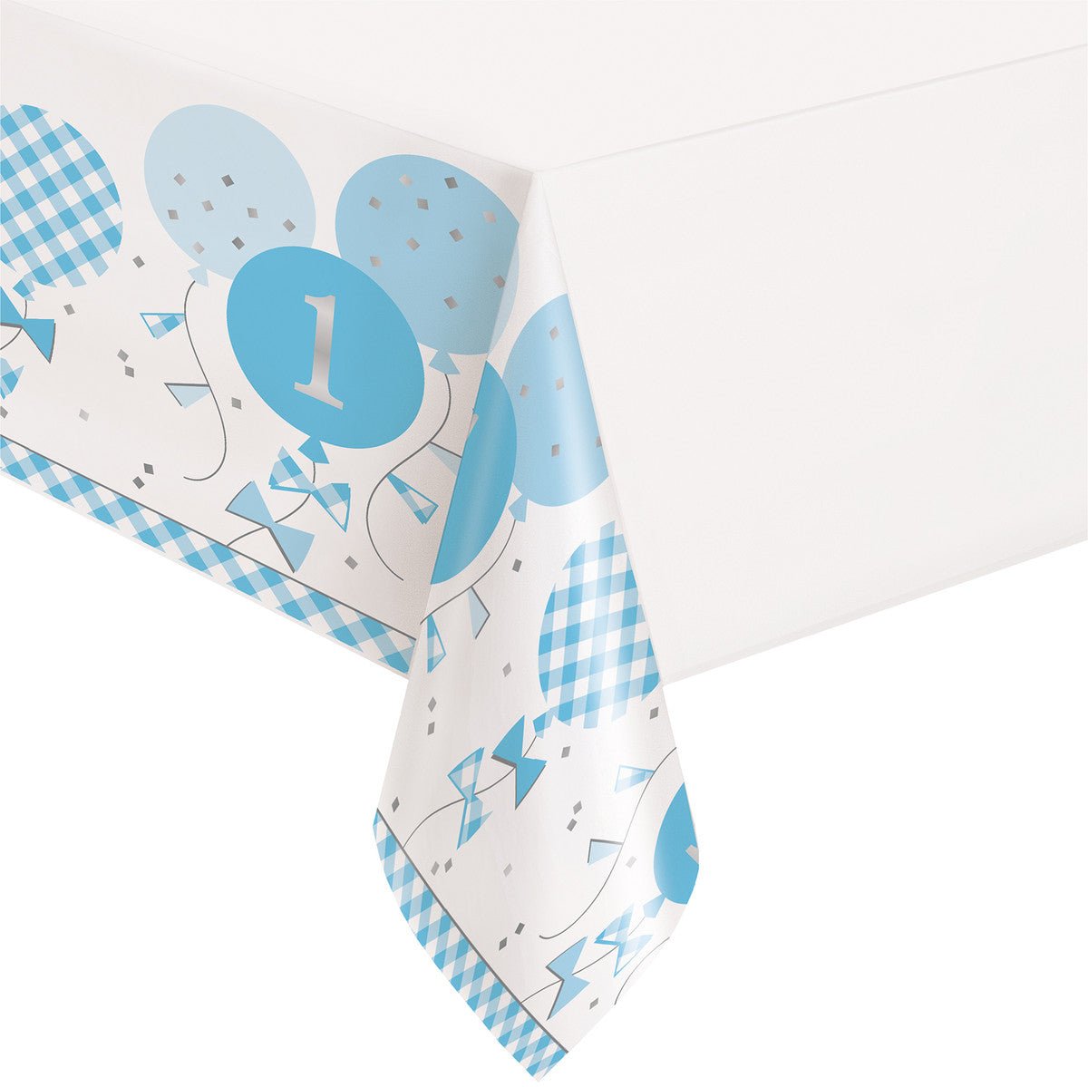 Gingham 1st Birthday Blue Printed Tablecover 137cm x 213cm - The Party Marketplace