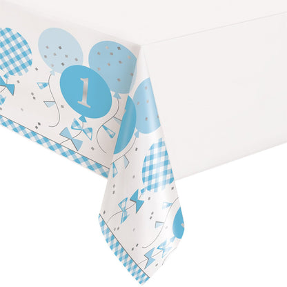 Gingham 1st Birthday Blue Printed Tablecover 137cm x 213cm - The Party Marketplace