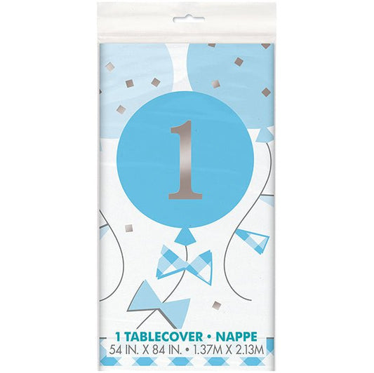 Gingham 1st Birthday Blue Printed Tablecover 137cm x 213cm - The Party Marketplace