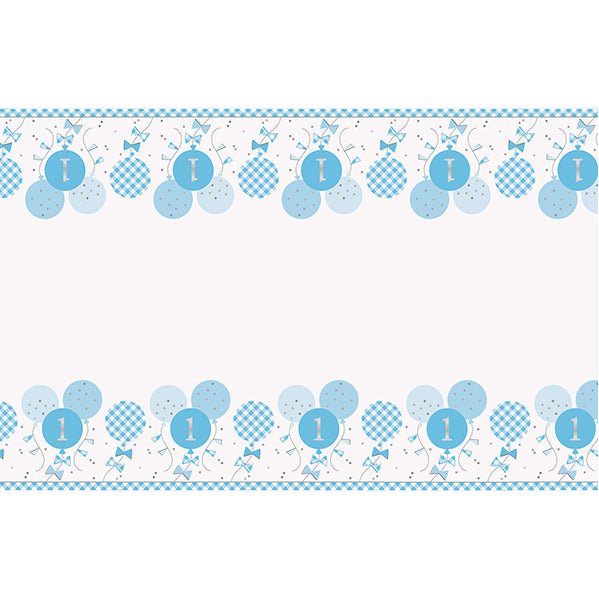 Gingham 1st Birthday Blue Printed Tablecover 137cm x 213cm - The Party Marketplace
