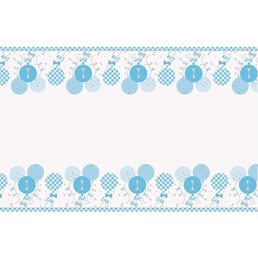 Gingham 1st Birthday Blue Printed Tablecover 137cm x 213cm - The Party Marketplace