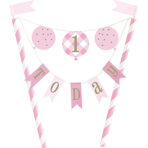Gingham 1st Birthday Pink Bunting Cake Topper - The Party Marketplace