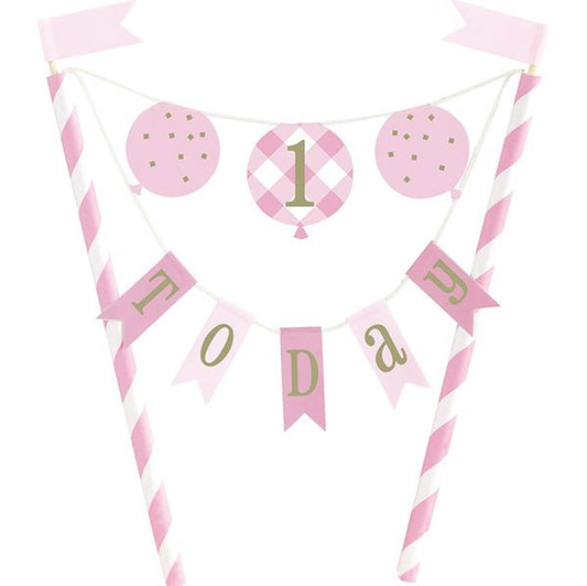 Gingham 1st Birthday Pink Bunting Cake Topper - The Party Marketplace