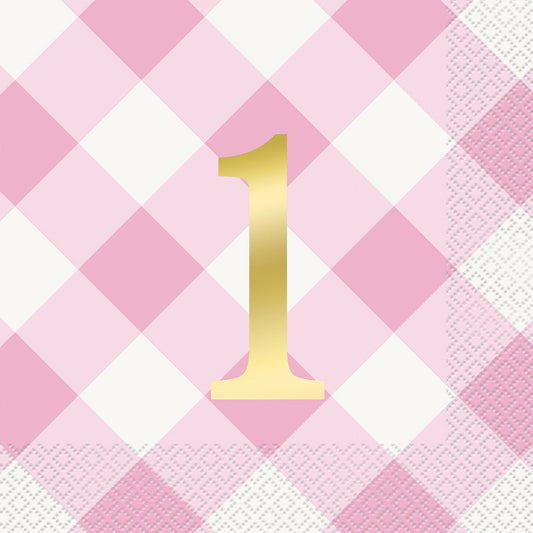 Gingham 1st Birthday Pink Foil Stamped Luncheon Napkins (Pack of 16) - The Party Marketplace