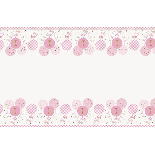 Gingham 1st Birthday Pink Printed Tablecover 137cm x 213cm - The Party Marketplace