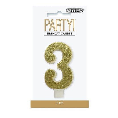 Glitter Gold Numeral Candle - 3 - The Party Marketplace
