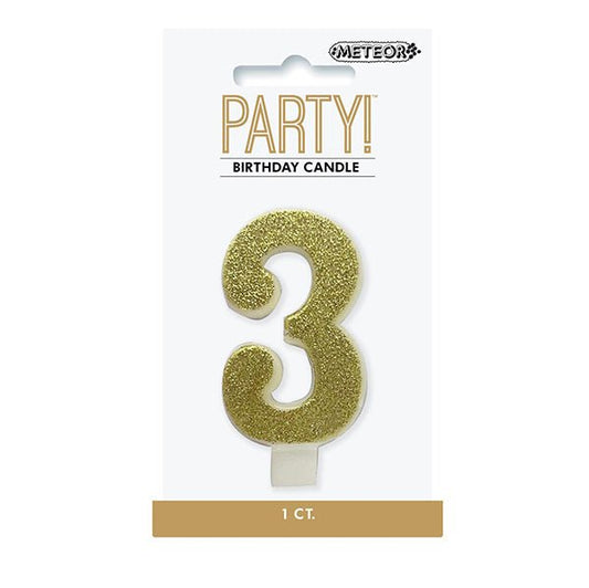 Glitter Gold Numeral Candle - 3 - The Party Marketplace