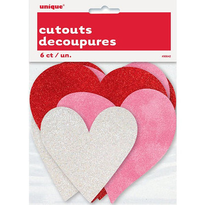 Glitter Heart Cutouts - Assorted Colours & Sizes (Pack of 6) - The Party Marketplace
