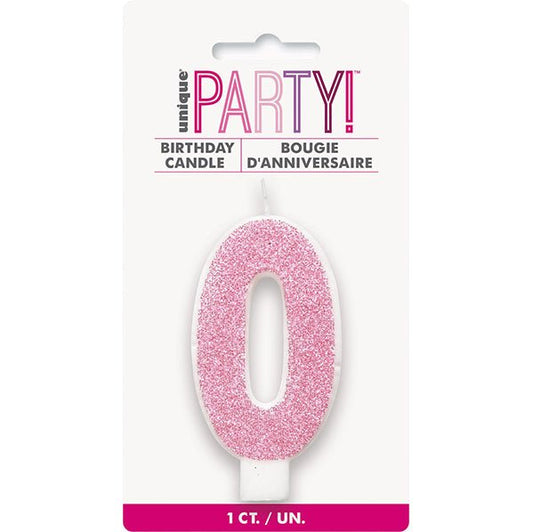 Glitter Pink Numeral Candle - 0 - The Party Marketplace