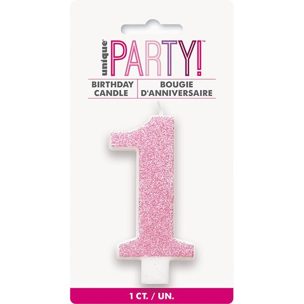 Glitter Pink Numeral Candle - 1 - The Party Marketplace