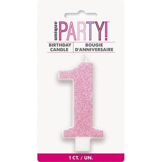 Glitter Pink Numeral Candle - 1 - The Party Marketplace