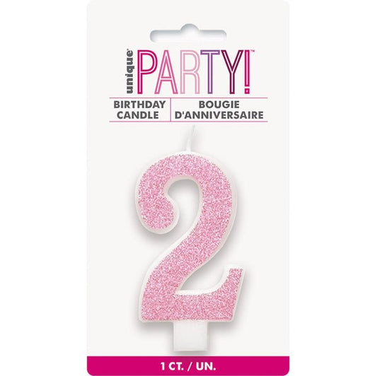Glitter Pink Numeral Candle - 2 - The Party Marketplace