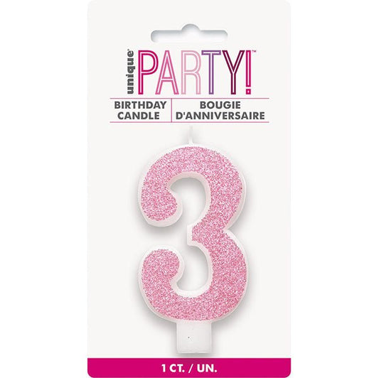 Glitter Pink Numeral Candle - 3 - The Party Marketplace