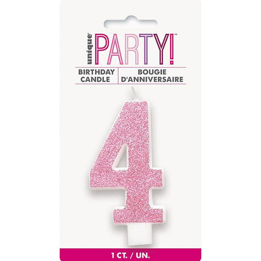 Glitter Pink Numeral Candle - 4 - The Party Marketplace
