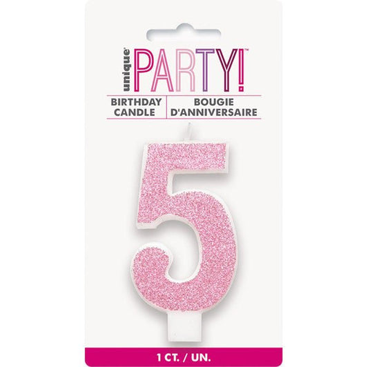 Glitter Pink Numeral Candle - 5 - The Party Marketplace