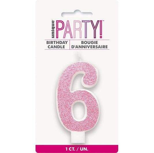 Glitter Pink Numeral Candle - 6 - The Party Marketplace