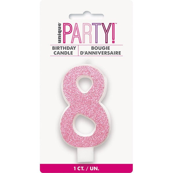 Glitter Pink Numeral Candle - 8 - The Party Marketplace
