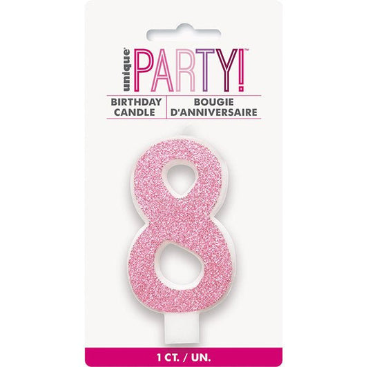 Glitter Pink Numeral Candle - 8 - The Party Marketplace