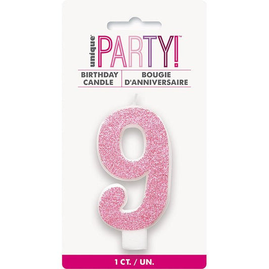 Glitter Pink Numeral Candle - 9 - The Party Marketplace