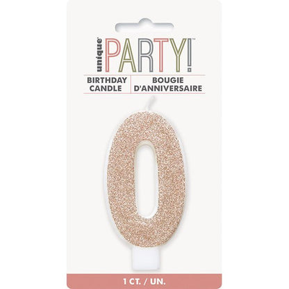 Glitter Rose Gold Numeral Candle - 0 - The Party Marketplace
