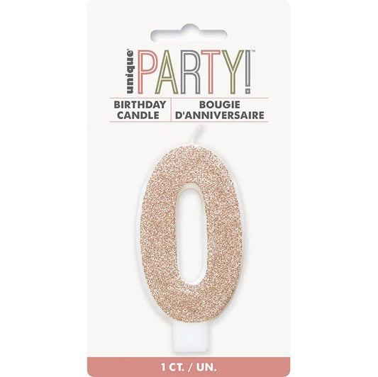 Glitter Rose Gold Numeral Candle - 0 - The Party Marketplace