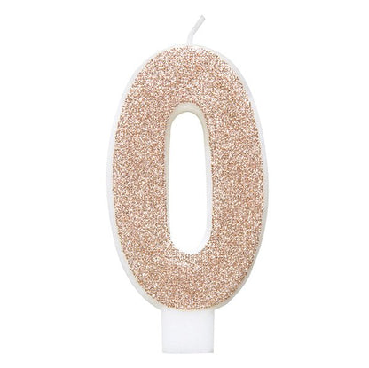 Glitter Rose Gold Numeral Candle - 0 - The Party Marketplace