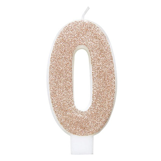 Glitter Rose Gold Numeral Candle - 0 - The Party Marketplace